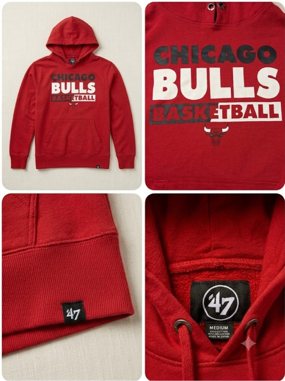 47 Red Pullover Hoodie with Contrast Logo Patch. Chicago Bulls Basketball